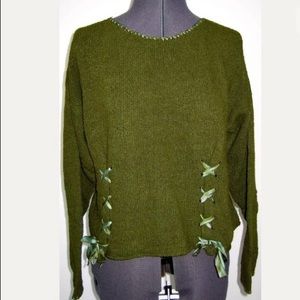 NORMA & HYLA HANDLOOMED SWEATER OLIVE GREEN RIBBON TRIM BOHO ANTHROPOLOGIE M